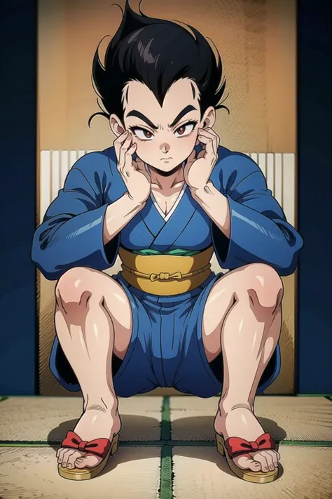 vegeta, male, petting a cat, embarrassed, Japanese street background, squatting, (masterpiece,detailed,highres:1.4)