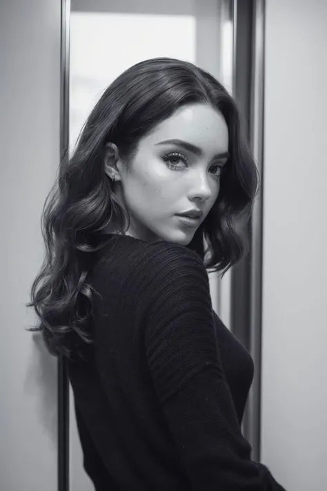 photo of S164_SophieONeil, a stylish woman, in an (elevator:1.1), wearing a (black-sweater:1.1), (8k, RAW photo, best quality, depth of field, ultra high res:1.2), (absurdres, intricate, photorealistic, masterpiece, ultra-detailed:1.3)