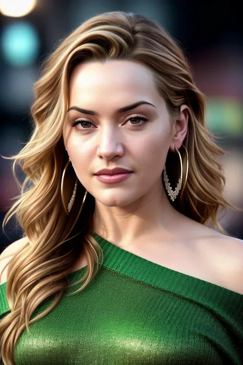 photo of beautiful (emb_kwinslet:0.99), a woman with long beautiful hair, as a movie star in a (movie premiere), premiere gala, (near a movie theatre), natural skin texture, (elegant Fluorescent Green sweater off-shoulder with a strap), 24mm, 4k textures, soft cinematic light, adobe lightroom, photolab, hdr, intricate, elegant, highly detailed, sharp focus, ((((cinematic look)))), soothing tones, insane details, intricate details, hyperdetailed, low contrast, soft cinematic light, exposure blend, hdr, faded, (paparazzi in background), (hoop earrings)
