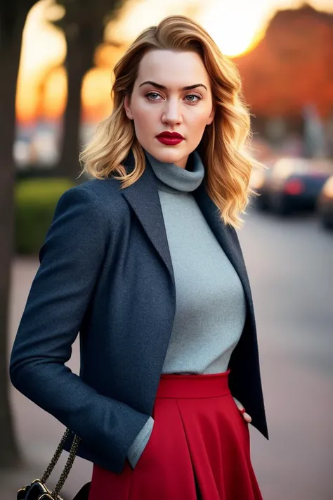 beautiful woman (emb_kwinslet:.99), perfect waist, closeup portrait, realistic, (detailed:1.15),(film grain, skin details, 4k:1), furled brow, Dappled Light, analog style (look at the viewer), (skin texture), (film grain), (hyper-realistic texture skin:1.3), cinematic light, sidelighting, ultra high res, best shadow, RAW, beautiful hair, designer jacket, fashionable skirt, turtleneck shirt, winter city park, professional model photoshoot, hdr, sunset, (red lips)