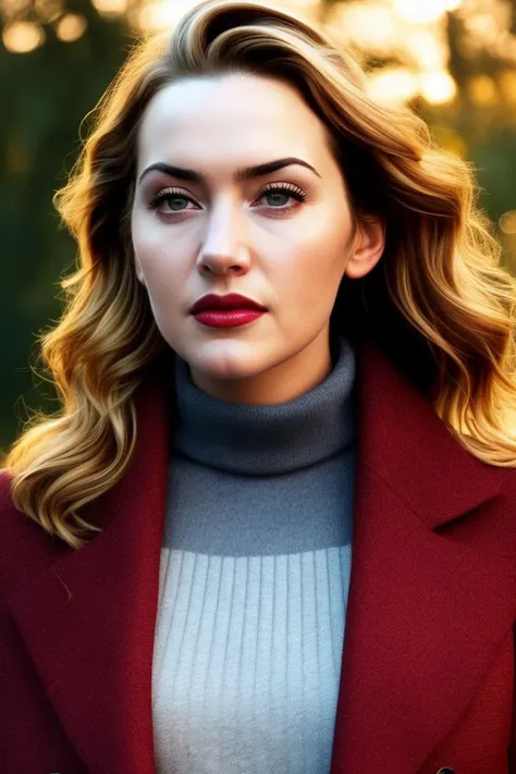 beautiful woman (emb_kwinslet:.99), perfect waist, closeup portrait, realistic, (detailed:1.15),(film grain, skin details, 4k:1), jealous, Dappled Light, analog style (look at the viewer), (skin texture), (film grain), (hyper-realistic texture skin:1.3), cinematic light, sidelighting, ultra high res, best shadow, RAW, beautiful hair, designer jacket, fashionable skirt, turtleneck shirt, winter city park, professional model photoshoot, hdr, sunset, (red lips)