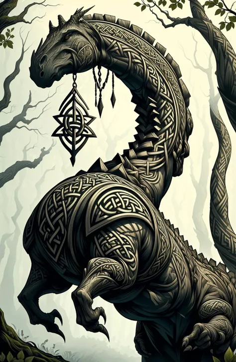 <lora:CelticTatWorld1.0:0.8> celtictatworld, a brachiosaurus grazing off the top of a tree in an ancient forest , medieval, fantasy, celtic knot, celtic cross, gaelic, tattoo, facial tattoo, viking runes, runes, rune stones, leather wrapped, leather, fabric,