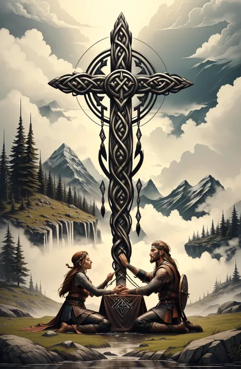 <lora:CelticTatWorld1.0:0.8> celtictatworld, prehistoric people performing a ritual at the foot of a misty mountain , medieval, fantasy, celtic knot, celtic cross, gaelic, tattoo, facial tattoo, viking runes, runes, rune stones, leather wrapped, leather, fabric,