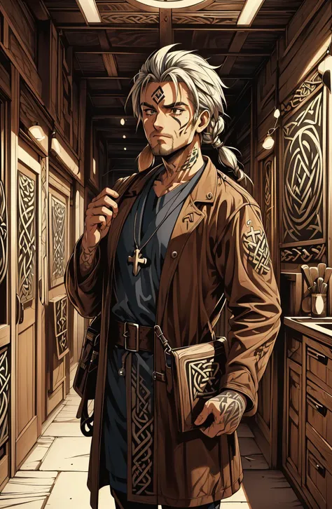 (masterpiece), retro artstyle, anime screencap, <lora:CelticTatWorld1.0:0.8> celtictatworld, veterinarian in scrubs and animal print smock , medieval, fantasy, celtic knot, celtic cross, gaelic, tattoo, facial tattoo, viking runes, runes, rune stones, leather wrapped, leather, fabric,