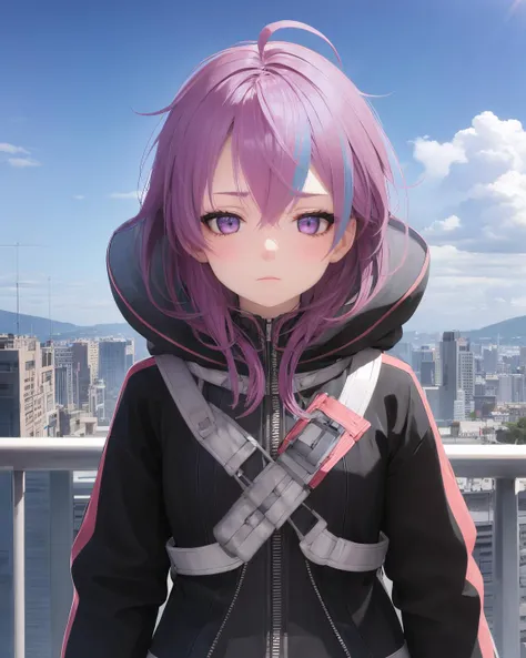 best quality, (masterpiece:1.2), illustration, absurdres, <lora:flat2:0.5>, <lora:hairdetailer:0.5>, <lora:boldline:-1.4>, <lora:clearcolor_v1.7_lbw:0.7>,
(1girl, solo, beautiful detailed girl), ((upper body, portrait)),
<lora:JoldaV2:0.9>, Jolda, purple hair, streaked hair, medium hair, blue streaks, ahoge, purple eyes,
black jacket, hooded jacket, hood down, black thighhighs, black boots, black leg belt,
emotionless, expressionless, looking at viewer,
day, on balcony, city lights, sky, clouds, sun, overlooking city,