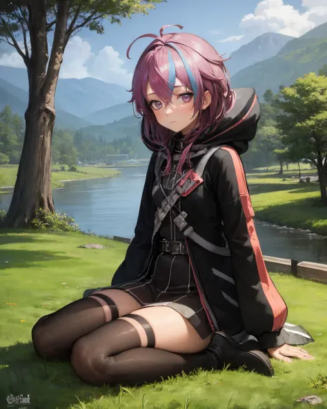 best quality, (masterpiece:1.2), illustration, absurdres,
(1girl, solo, beautiful detailed girl), full body,
<lora:JoldaV2:0.9>, Jolda, purple hair, streaked hair, medium hair, blue streaks, ahoge, purple eyes,
black jacket, hooded jacket, hood down, black thighhighs, black boots, black leg belt,
emotionless, expressionless, looking at viewer,
sitting, (yokozuwari),
grassy mountains, trees, japanese architecture, river, plants,