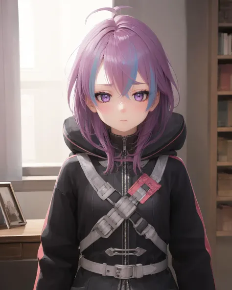 best quality, (masterpiece:1.2), illustration, absurdres, <lora:flat2:0.5>, <lora:hairdetailer:0.5>, <lora:boldline:-1.4>, <lora:clearcolor_v1.7_lbw:0.7>,
(1girl, solo, beautiful detailed girl), ((upper body, portrait)),
<lora:JoldaV2:0.9>, Jolda, purple hair, streaked hair, medium hair, blue streaks, ahoge, purple eyes,
black jacket, hooded jacket, hood down, black thighhighs, black boots, black leg belt,
emotionless, expressionless, looking at viewer,
inside bedroom, bed, bookcase, table,