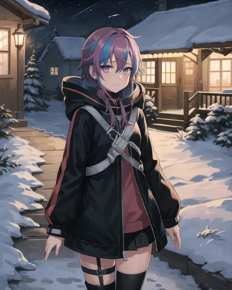 best quality, (masterpiece:1.2), illustration, absurdres,
(1girl, solo), (beautiful detailed girl), cowboy shot,
<lora:Jolda2-08:0.8>, Jolda, purple hair, streaked hair, blue streaks, purple eyes, child,
black jacket, hooded jacket, black thighhighs, black boots, black leg_belt,
apathetic, emotionless, (looking at viewer:1.1),
winter, snowfall, snowy mountains, snow, snowy pine trees, freezing weather, frost, chill, wind, windy, winter , night, nighttime, starry sky, wooden fence, distant village, distant lights, lantern,