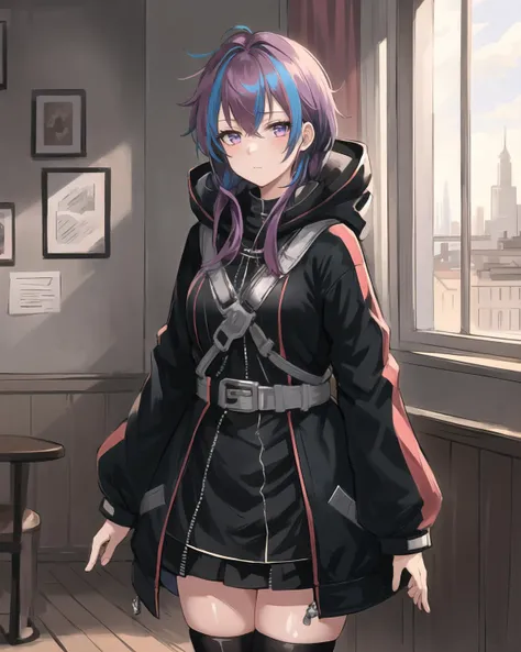best quality, (masterpiece:1.2), illustration, absurdres,
(1girl, solo), (beautiful detailed girl), cowboy shot,
<lora:Jolda2-08:0.8>, Jolda, purple hair, streaked hair, blue streaks, purple eyes, child,
black jacket, hooded jacket, black thighhighs, black boots, black leg_belt,
apathetic, emotionless, (looking at viewer:1.1),
inside trendy cafe, window, day, godrays, sunlight, buildings,
