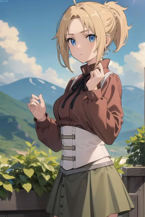 zenithgreyrat, <lyco:zenithgreyrat-lyco-nochekaiser:1>,
zenith greyrat, short hair, blonde hair, blue eyes, ponytail, ahoge,
BREAK skirt, shirt, thighhighs, long sleeves, ribbon, boots, black thighhighs, thigh boots, brown shirt,
BREAK outdoors, nature, forest, sky, sun, cloud,
BREAK looking at viewer, (cowboy shot:1.5),
BREAK <lyco:GoodHands-beta2:1>, (masterpiece:1.2), best quality, high resolution, unity 8k wallpaper, (illustration:0.8), (beautiful detailed eyes:1.6), extremely detailed face, perfect lighting, extremely detailed CG, (perfect hands, perfect anatomy),