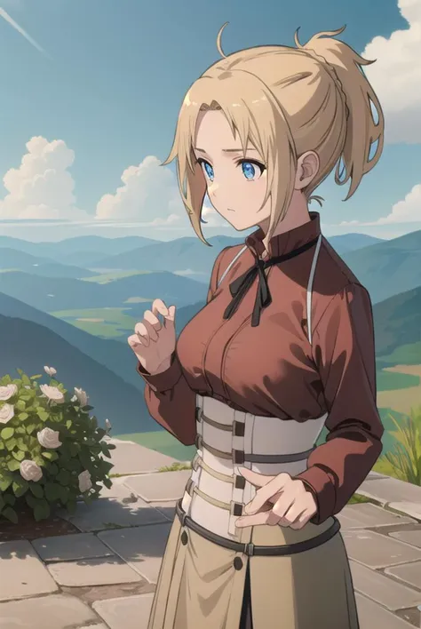 zenithgreyrat, <lyco:zenithgreyrat-lyco-nochekaiser:1>,
zenith greyrat, short hair, blonde hair, blue eyes, ponytail, ahoge,
BREAK skirt, shirt, thighhighs, long sleeves, ribbon, boots, black thighhighs, thigh boots, brown shirt,
BREAK outdoors, nature, forest, sky, sun, cloud,
BREAK looking at viewer, (cowboy shot:1.5),
BREAK <lyco:GoodHands-beta2:1>, (masterpiece:1.2), best quality, high resolution, unity 8k wallpaper, (illustration:0.8), (beautiful detailed eyes:1.6), extremely detailed face, perfect lighting, extremely detailed CG, (perfect hands, perfect anatomy),