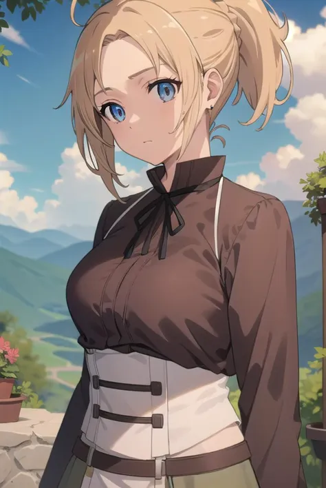 zenithgreyrat, <lyco:zenithgreyrat-lyco-nochekaiser:1>,
zenith greyrat, short hair, blonde hair, blue eyes, ponytail, ahoge,
BREAK skirt, shirt, thighhighs, long sleeves, ribbon, boots, black thighhighs, thigh boots, brown shirt,
BREAK outdoors, nature, forest, sky, sun, cloud,
BREAK looking at viewer, (cowboy shot:1.5),
BREAK <lyco:GoodHands-beta2:1>, (masterpiece:1.2), best quality, high resolution, unity 8k wallpaper, (illustration:0.8), (beautiful detailed eyes:1.6), extremely detailed face, perfect lighting, extremely detailed CG, (perfect hands, perfect anatomy),