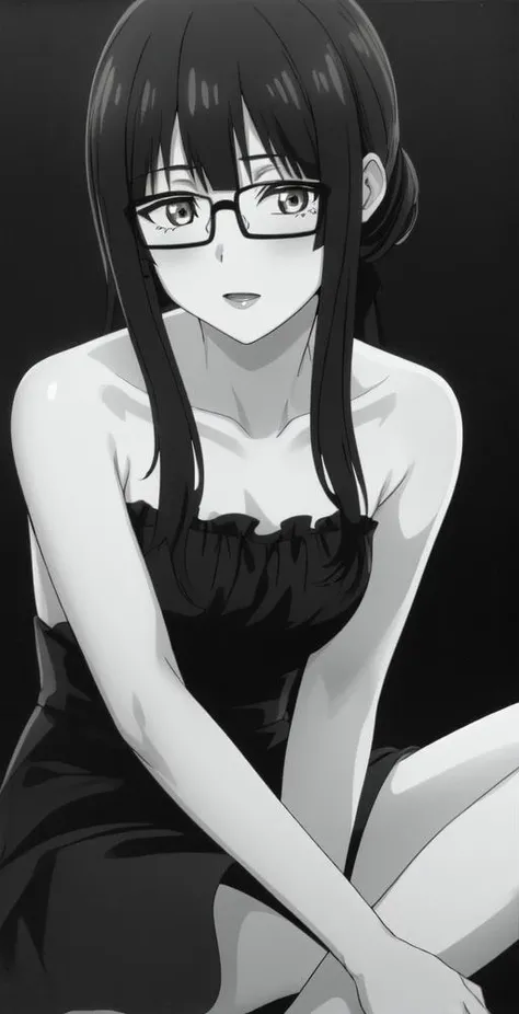 absurdres, (ultra-detailed), masterpiece, best quality, white background, full body,
1girl, face, solo, smirk, large breasts,
dress, loose clothes, fishnet pantyhose,
long black hair, blunt bangs
sketch, 1990s \(style\), ligne claire,