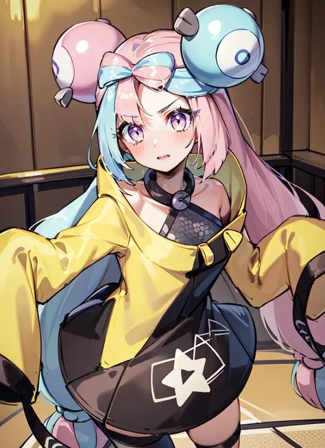 ((best quality)), ((highly detailed)), masterpiece, absurdres, (detailed eyes, deep eyes), (1girl), dynamic pose, cowboy shot, Iono (pokemon), multicolored hair, very long hair, twintails, hair ornament, pink eyes, small breasts, yellow jacket, sleeves past wrist, sleeveless shirt, hexagon print, ((single leg pantyhose)), grey pantyhose, grey footwear, (inside, at a hospital room), ((thick thighs)), view from above, confident face,