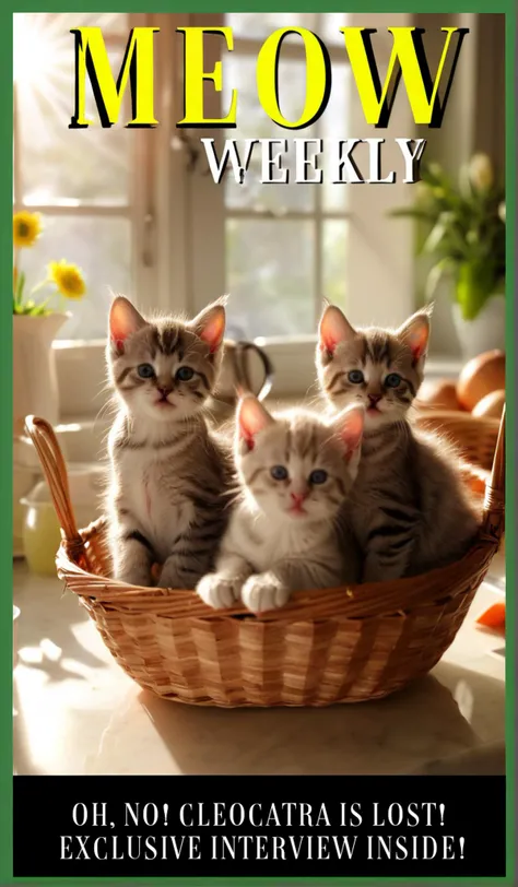 kittens in a basket, on kitchen table, beautiful kitchen background, morning sunbeams through window bokeh