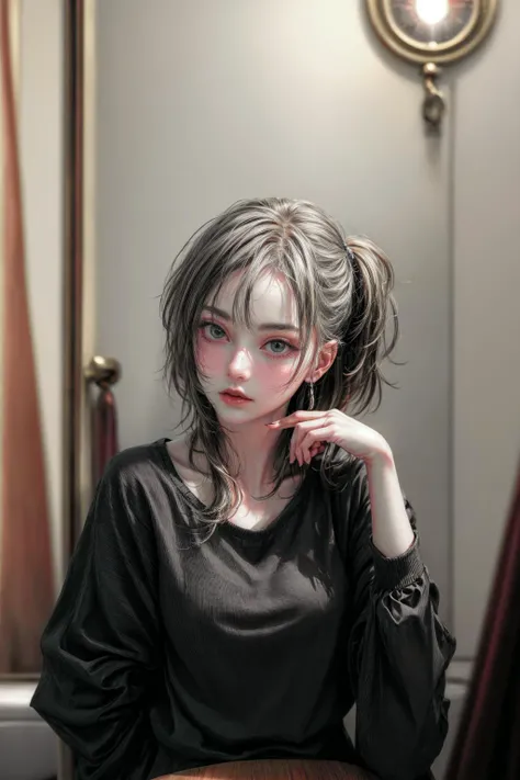 (woman:2), woman standing in bathroom wearing a grey shirt, black hair with blonde highlights, perfect face, perfect nose, perfect hair, perfect eyes, (((8k, masterpiece, photography, realistic))), <lora:ClothingAdjuster3:0> , <lora:more_details:0.8>, <lora:perky_breasts1:1>