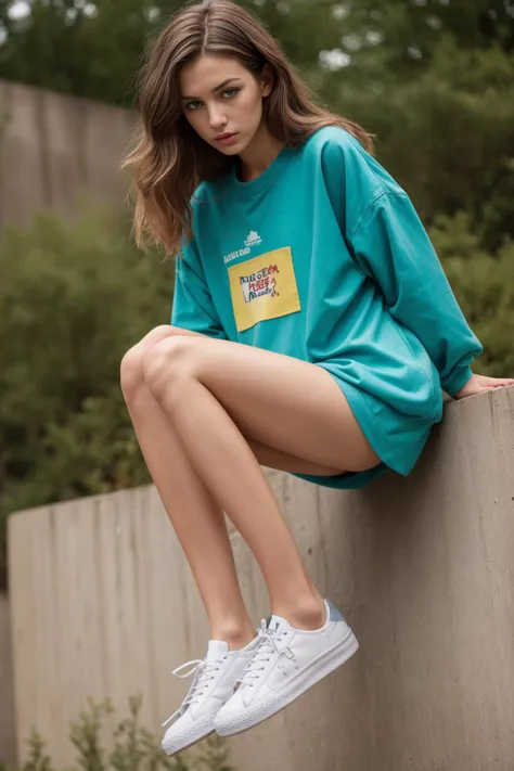 1girl, masterpiece, absurdres, highres, photograph of a cute 20 year old girl, tall female, slender body, model body, slender legs, (streetwear), (dynamic poses:1.1), from below, dynamic angle, white footwear, model poses, <lora:more_details:0.4>, detached sleeves, <lora:perky_breasts1:0.6>, <lora:breastsizeslideroffset:-0.5>, (nipple slip:1.1), (clothes lift:1.2),