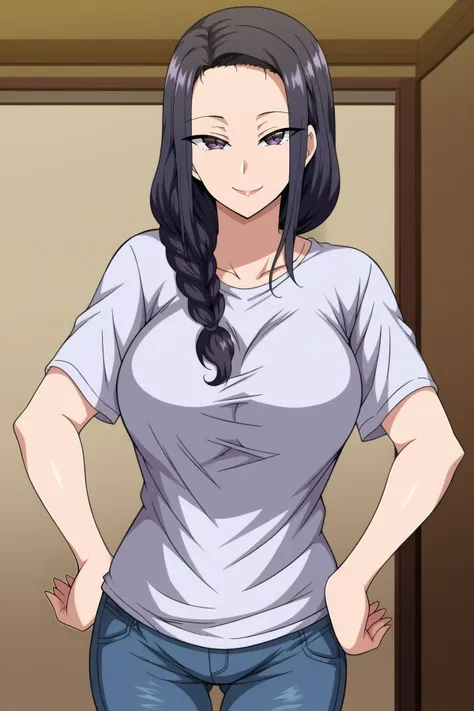 <lora:Tsubaki_Miyajima-Saimin_Seishidou:1>,Tsubaki,1girl,long hair,black hair,purple eyes,hair over shoulder,braid,breasts,t-shirt,denim,hands on own hips,smile,looking at viewer,indoors