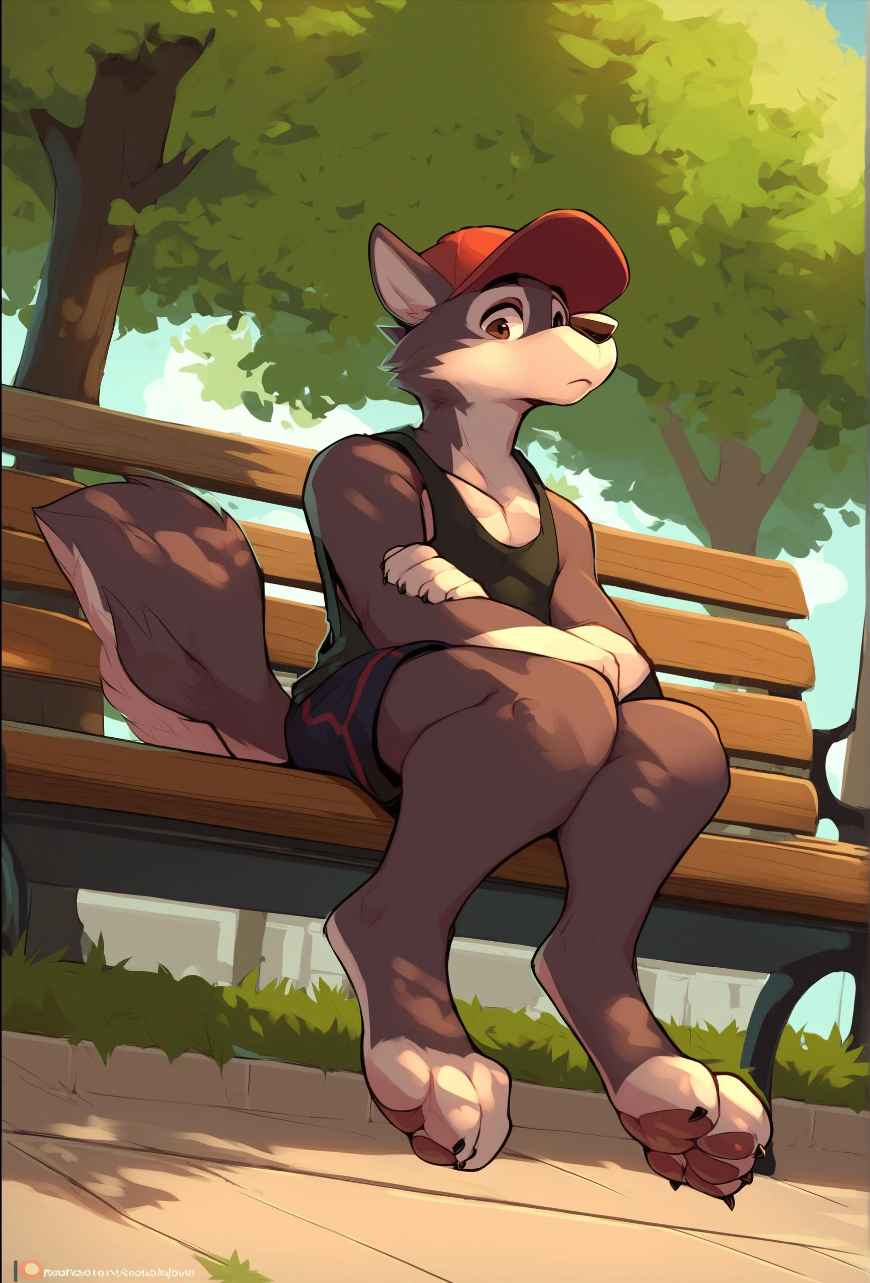 score_9, score_8_up, score_7_up, score_6_up, score_5_up, score_4_up, <lora:zackary911_style_ponyXL_v1.3_0.99:1> outdoors, park, bench, dappled sunlight, BREAK
1boy, wolf boy, solo, furry, sitting, v arms, baseball cap, tank top, shorts, from below, looking away, feet, pawpads, brown eyes