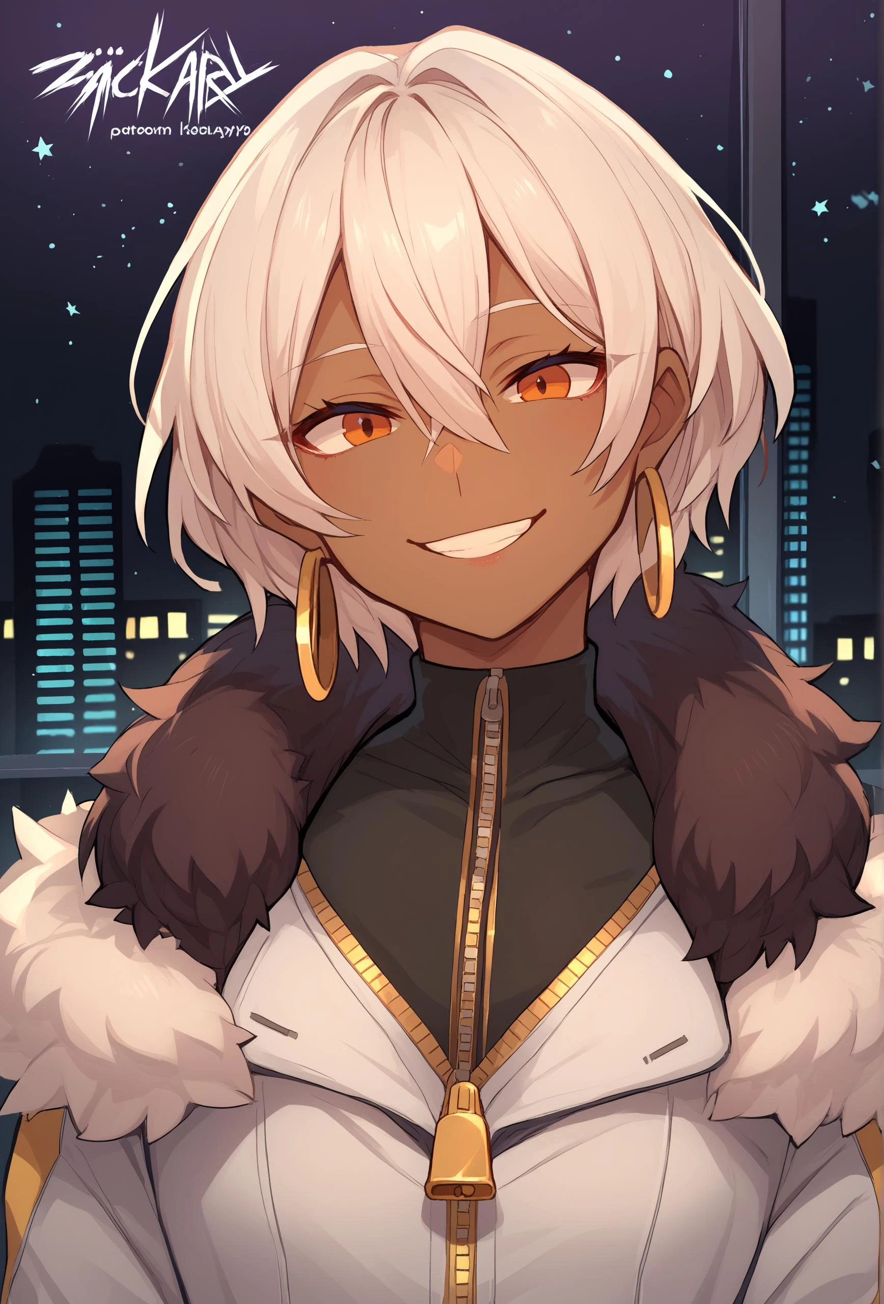 score_9, score_8_up, score_7_up, score_6_up, score_5_up, score_4_up, <lora:zackary911_style_ponyXL_v1.3_0.99:1.25> cityscape, night, starry sky, BREAK
1girl, solo, human, dark-skinned female, white hair, medium hair, inverted bob, hair between eyes, orange eyes, hoop earrings, gold earrings, black shirt, white jacket, open jacket, gold trim, zipper, fur trim, head tilt, smile, looking at viewer,