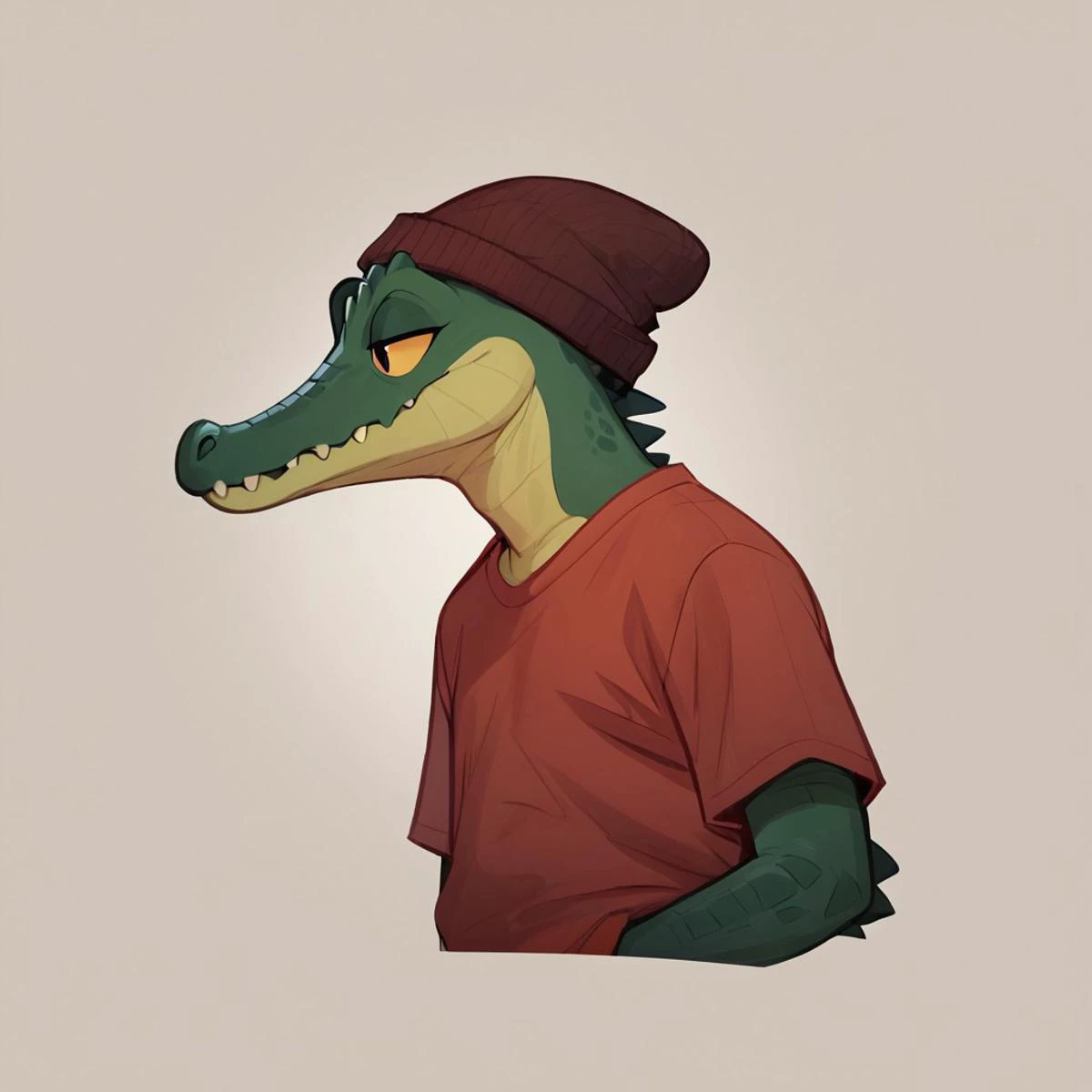 score_9, score_8_up, score_7_up, score_6_up, score_5_up, score_4_up, show accurate, Anthro alligator, red shirt, profile picture, beanie