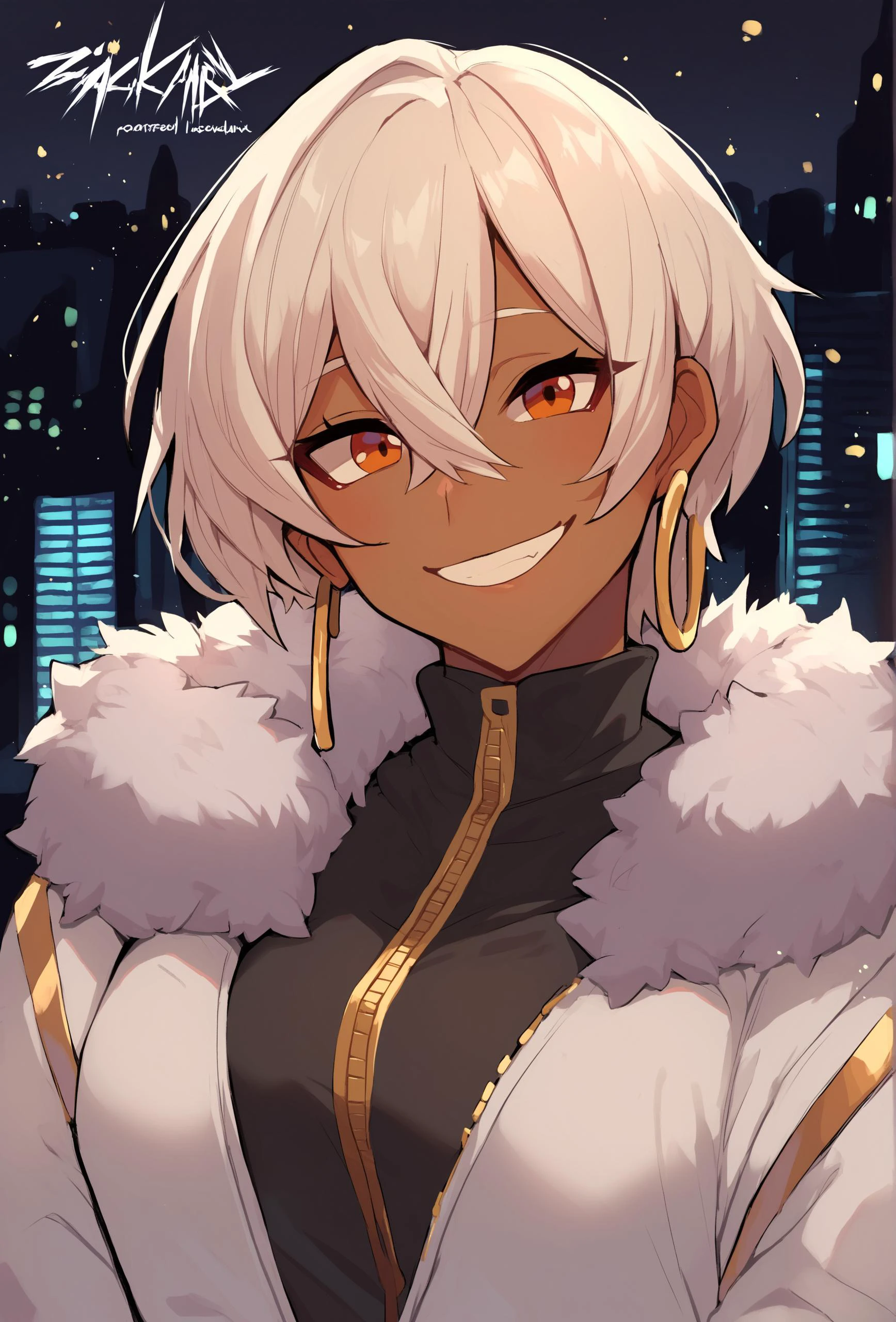 score_9, score_8_up, score_7_up, score_6_up, score_5_up, score_4_up, <lora:zackary911_style_ponyXL_v1.3_0.99:1.25> cityscape, night, starry sky, BREAK
1girl, solo, human, dark-skinned female, white hair, medium hair, inverted bob, hair between eyes, orange eyes, hoop earrings, gold earrings, black shirt, white jacket, open jacket, gold trim, zipper, fur trim, head tilt, smile, looking at viewer,