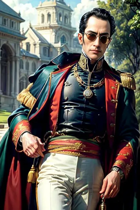 <lora:simonbolivar-08:0.6> simonbolivar (best quality, masterpiece, ultra-detailed:1.2), 1boy ,solo,looking at viewer, black hair <lora:more_details:0.5> ( sharp:1.2) ,(with a passage of plain and green nature in the background:1.1) , (with dark black aviator glasses:1.2)