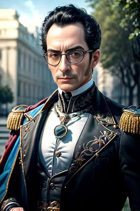 <lora:simonbolivar-08:0.6> simonbolivar  (best quality, masterpiece, ultra-detailed:1.2), 1boy ,solo,looking at viewer, black hair  <lora:more_details:0.5> ( sharp:1.2) ,(with a passage of plain and green nature in the background:1.1) , (with dark black aviator glasses:1.2) (black glasses:1.5)