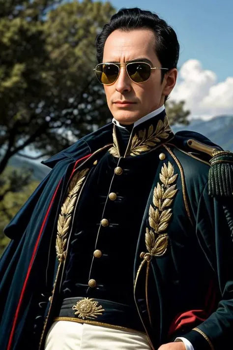 <lora:simonbolivar-08:0.6> simonbolivar (best quality, masterpiece, ultra-detailed:1.2), 1boy ,solo,looking at viewer, black hair <lora:more_details:0.5> ( sharp:1.2) ,(with a passage of plain and green nature in the background:1.1) , (with dark black aviator glasses:1.2)