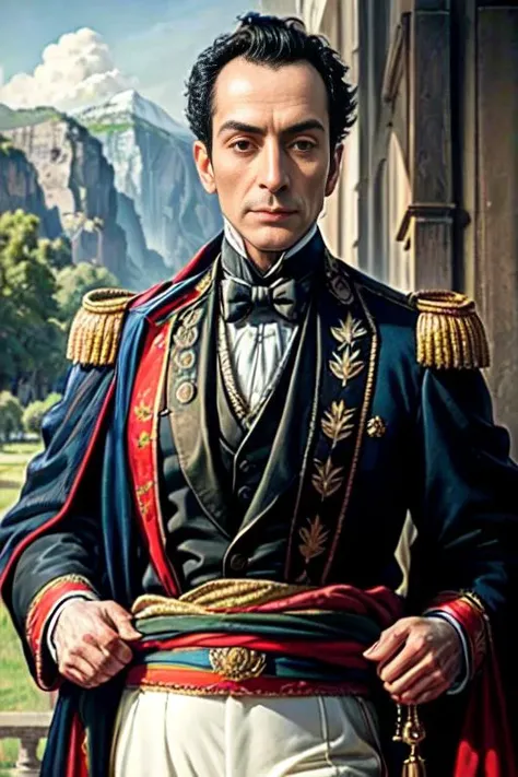 <lora:simonbolivar-08:0.6> simonbolivar (best quality, masterpiece, ultra-detailed:1.2), 1boy ,solo,looking at viewer, black hair <lora:more_details:0.5> ( sharp:1.2) ,(with a passage of plain and green nature in the background:1.1) , black tuxedo