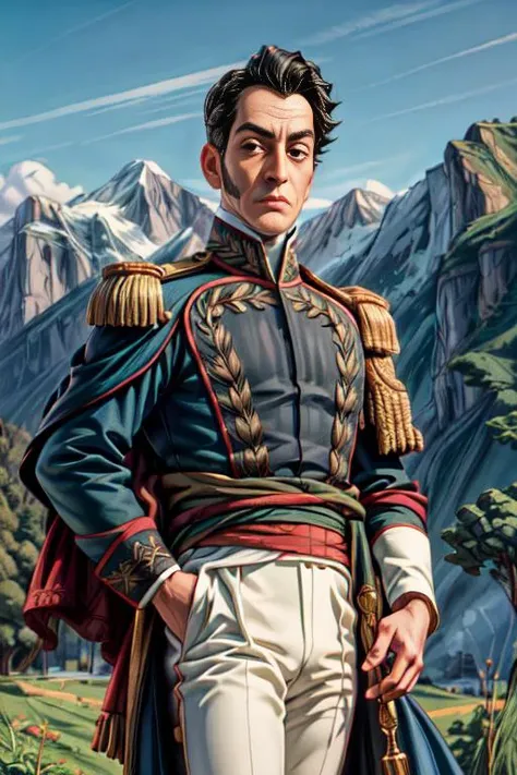 <lora:simonbolivar-08:0.7> simonbolivar  (best quality, masterpiece, ultra-detailed:1.2), 1boy ,solo,looking at viewer, black hair  <lora:more_details:1> ( sharp:1.2) ,(with a passage of plain and green nature in the background:1.1)