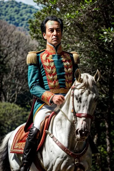 RAW photo, a portrait photo o <lora:simonbolivar-08:0.6> simonbolivar (best quality, masterpiece, ultra-detailed:1.2), 1boy ,solo,looking at viewer, black hair <lora:more_details:0.5> ( sharp:1.2) ,(with a passage of plain and green nature in the background:1.1) , (anime style:1.3), 8k uhd, high quality, film grain, Fujifilm XT3, mounted on a white horse with its front legs in the air