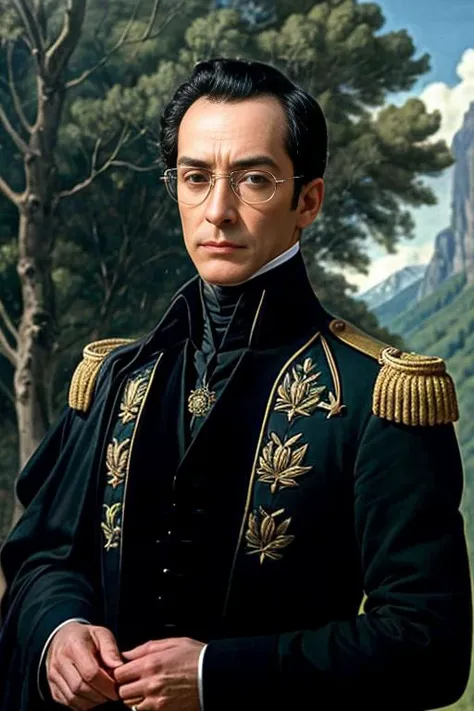 <lora:simonbolivar-08:0.6> simonbolivar (best quality, masterpiece, ultra-detailed:1.2), 1boy ,solo,looking at viewer, black hair <lora:more_details:0.5> ( sharp:1.2) ,(with a passage of plain and green nature in the background:1.1) , (with dark black aviator glasses:1.2)