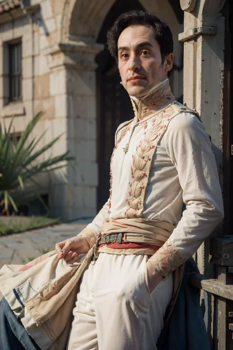 Best quality, masterpiece, ultra high res, raw photo, beautiful and aesthetic,deep shadow, dark theme,(photorealistic:1.4),
(simonbolivar, 1man, ((male:2.0)), solo,looking at viewer, smile, black hair),
outdoors, 1800s,