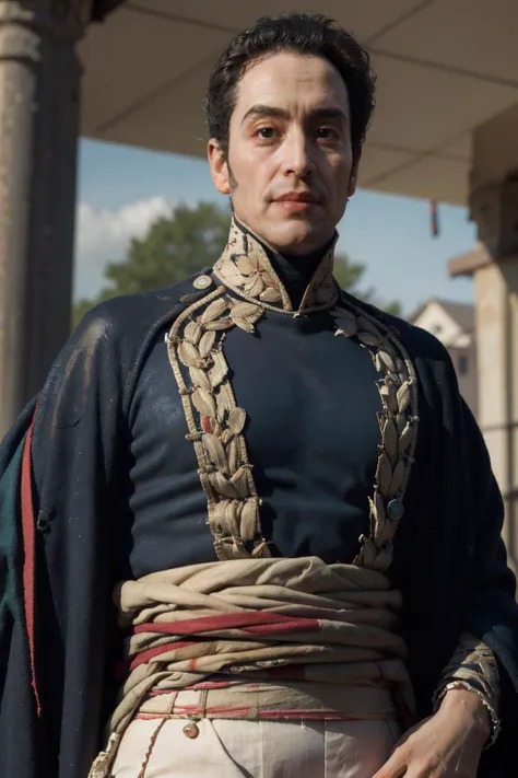 Best quality, masterpiece, ultra high res, raw photo, beautiful and aesthetic,deep shadow, dark theme,(photorealistic:1.4),
(simonbolivar, 1man, ((male:2.0)), solo,looking at viewer, smile, black hair),
outdoors, 1800s,