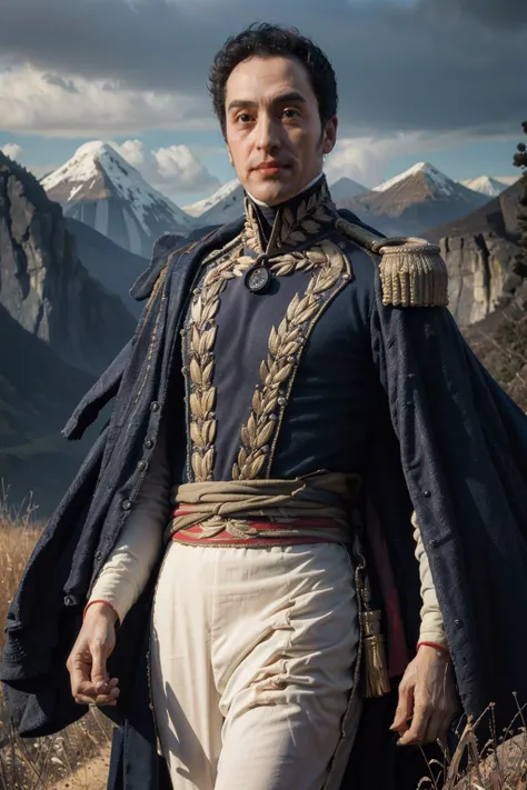 Best quality, masterpiece, ultra high res, raw photo, beautiful and aesthetic,deep shadow, dark theme,(photorealistic:1.4),
(simonbolivar, 1man, ((male:2.0)), solo,looking at viewer, smile, black hair),
outdoors, sunset, sky, grass