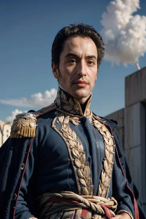 Best quality, masterpiece, ultra high res, raw photo, beautiful and aesthetic,deep shadow, dark theme,(photorealistic:1.4),
(simonbolivar, 1man, ((male:2.0)), solo,looking at viewer, smile, black hair),
outdoors, sunset, sky, grass