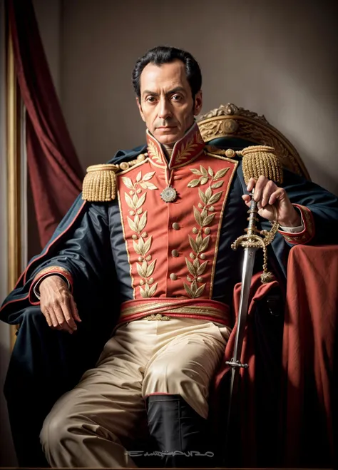 RAW photo of simonbolivar, black hair, seated, medal, militar costume, sword, old ornamental seat in the back, 8k, ((masterpiece)) <lora:simonbolivar:0.6>