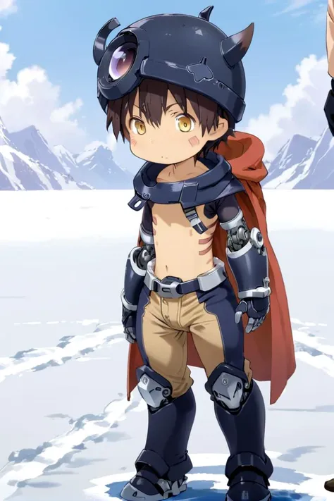 <lora:regsdxl-000027:0.7>
mia_reg, 1boy,  standing in a snowy field, he got (mechanical arms:1.3) and (mechanical legs:1.3), wearing a (black full helmet:1.2), black fake horns, wearing pants, red body mark, red facial mark, pointy ears,
his eye color is yellow, his chest is bare his naval is visible, his hair color is brown, he is wearing a red cape, mid shot, (solo:1.4)
(draw it in the style of Made in Abyss:0.2)