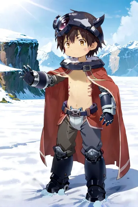 <lora:regsdxl-000027:0.7>
mia_reg, 1boy, standing in a snowy field, he got (mechanical arms:1.3) and (mechanical legs:1.3), wearing a (black full helmet:1.2), black fake horns, wearing pants, red body mark, red facial mark, pointy ears,
his eye color is yellow, his chest is bare his naval is visible, his hair color is brown, he is wearing a red cape, mid shot, (solo:1.4)
(draw it in the style of Made in Abyss:0.2)