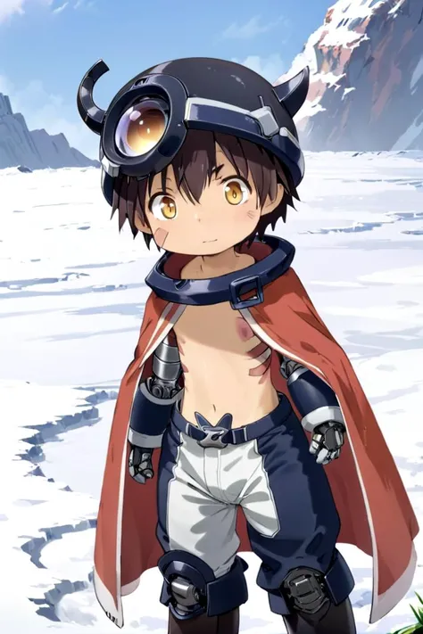 <lora:regsdxl-000027:0.7>
mia_reg, 1boy, standing in a snowy field, he got (mechanical arms:1.3) and (mechanical legs:1.3), wearing a (black full helmet:1.2), black fake horns, wearing pants, red body mark, red facial mark, pointy ears,
his eye color is yellow, his chest is bare his naval is visible, his hair color is brown, he is wearing a red cape, mid shot, (solo:1.4)
(draw it in the style of Made in Abyss:0.2)