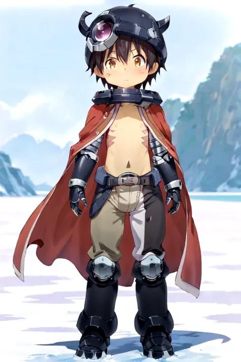 <lora:regsdxl-000027:0.7>
mia_reg, 1boy, standing in a snowy field, he got (mechanical arms:1.3) and (mechanical legs:1.3), wearing a (black full helmet:1.2), black fake horns, wearing pants, red body mark, red facial mark, pointy ears,
his eye color is yellow, his chest is bare his naval is visible, his hair color is brown, he is wearing a red cape, mid shot, (solo:1.4)
(draw it in the style of Made in Abyss:0.2)