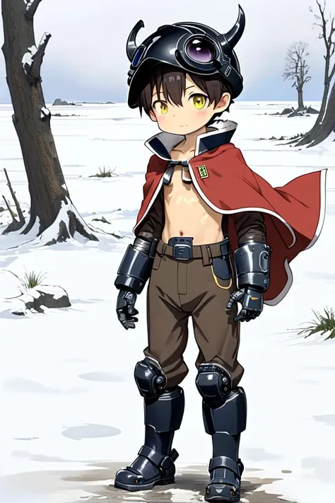 <lora:regsdxl-000027:0.7>
mia_reg, 1boy,  standing in a snowy field, he got (mechanical arms:1.3) and (mechanical legs:1.3), wearing a (black full helmet:1.2), black fake horns, wearing pants, red body mark, red facial mark, pointy ears,
his eye color is yellow, his chest is bare his naval is visible, his hair color is brown, he is wearing a red cape, mid shot, (solo:1.4)
(draw it in the style of Made in Abyss:0.2)