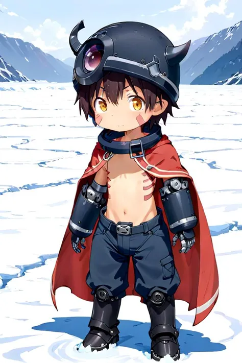 <lora:regsdxl-000027:0.7>
mia_reg, 1boy, standing in a snowy field, he got (mechanical arms:1.3) and (mechanical legs:1.3), wearing a (black full helmet:1.2), black fake horns, wearing pants, red body mark, red facial mark, pointy ears,
his eye color is yellow, his chest is bare his naval is visible, his hair color is brown, he is wearing a red cape, mid shot, (solo:1.4)
(draw it in the style of Made in Abyss:0.2)