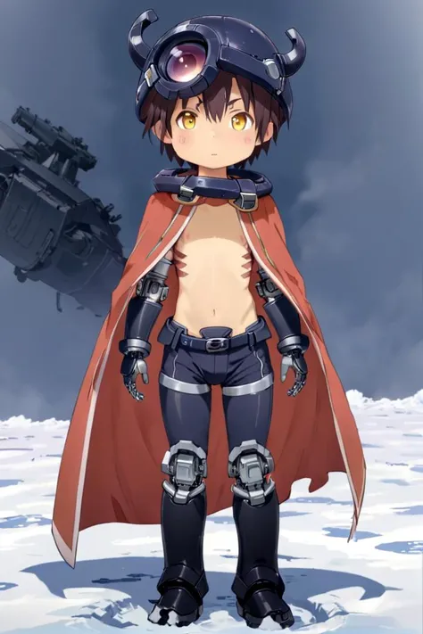 <lora:regsdxl-000027:0.7>
mia_reg, 1boy, standing in a snowy field, he got (mechanical arms:1.3) and (mechanical legs:1.3), wearing a (black full helmet:1.2), black fake horns, wearing pants, red body mark, red facial mark, pointy ears,
his eye color is yellow, his chest is bare his naval is visible, his hair color is brown, he is wearing a red cape, mid shot, (solo:1.4)
(draw it in the style of Made in Abyss:0.2)