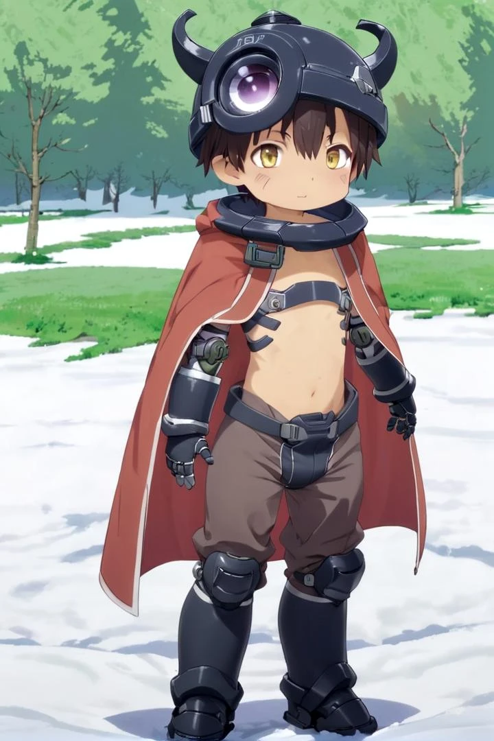 <lora:regsdxl-000027:0.7>
mia_reg, 1boy, standing in a snowy field, he got (mechanical arms:1.3) and (mechanical legs:1.3), wearing a (black full helmet:1.2), black fake horns, wearing pants, red body mark, red facial mark, pointy ears,
his eye color is yellow, his chest is bare his naval is visible, his hair color is brown, he is wearing a red cape, mid shot, (solo:1.4)
(draw it in the style of Made in Abyss:0.2)