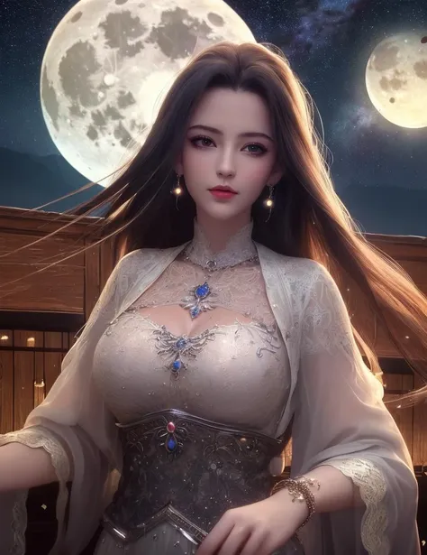 ultra realistic 8k cg, flawless, clean, masterpiece, professional artwork, famous artwork, cinematic lighting, cinematic bloom, perfect face, beautiful face, fantasy, dreamlike, unreal, science fiction,   lace, lace trim, lace-trimmed legwear, luxury, jewelry, diamond, gold, pearl, gem, sapphire, ruby, emerald, intricate detail, delicate pattern, charming, alluring, seductive, erotic, enchanting, hair ornament, necklace, earrings, bracelet, armlet,halo,autumn,
((,1girl, pov,best quality, ))  , ((((1girl, solo,outdoors, large breasts, full moon ,moonlight,  starry sky, milky way,    ))))   <lora:DA_QiuYueHua:0.6>