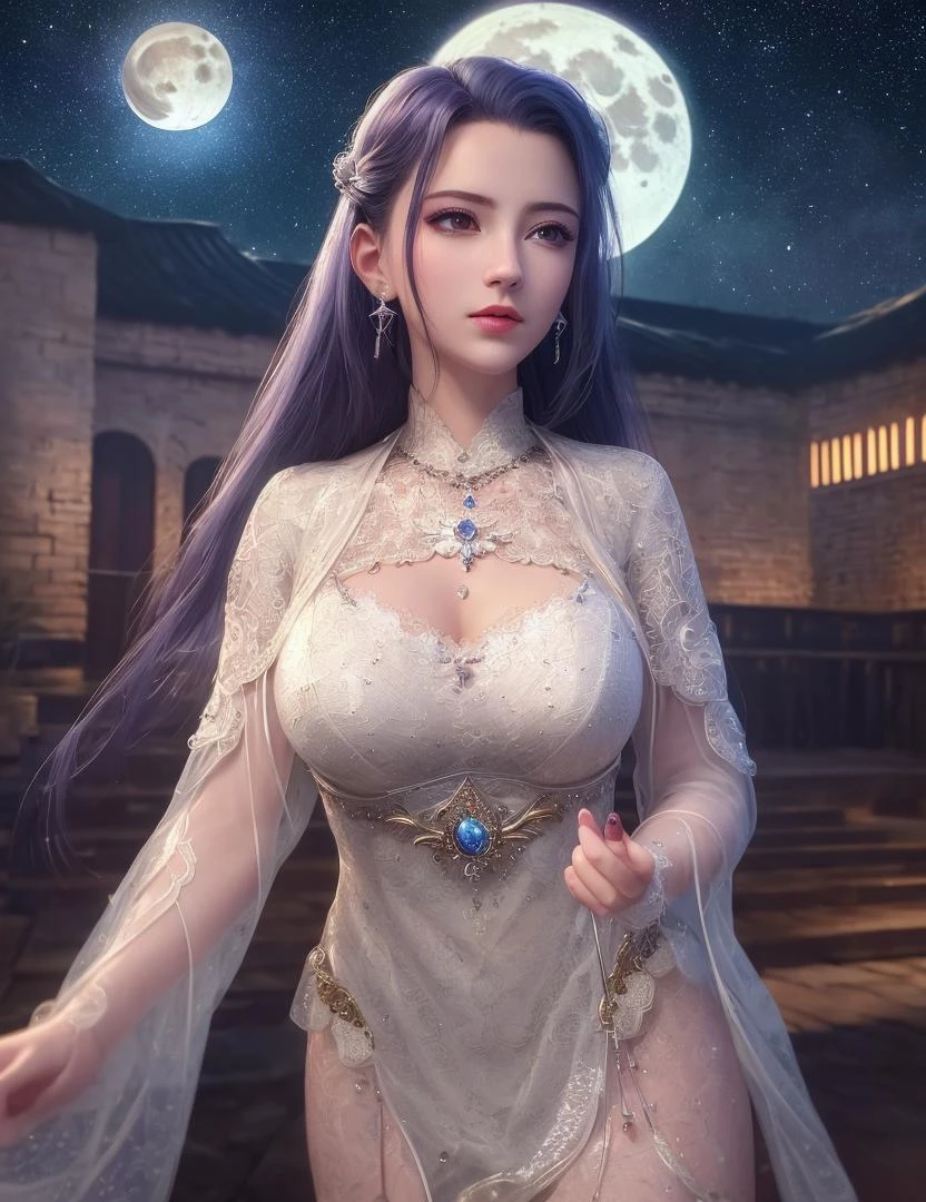 ultra realistic 8k cg, flawless, clean, masterpiece, professional artwork, famous artwork, cinematic lighting, cinematic bloom, perfect face, beautiful face, fantasy, dreamlike, unreal, science fiction, lace, lace trim, lace-trimmed legwear, luxury, jewelry, diamond, gold, pearl, gem, sapphire, ruby, emerald, intricate detail, delicate pattern, charming, alluring, seductive, erotic, enchanting, hair ornament, necklace, earrings, bracelet, armlet,halo,autumn,
((,1girl, pov,best quality, )) , ((((1girl, solo,outdoors, large breasts, full moon ,moonlight, starry sky, milky way, )))) <lora:DA_QiuYueHua:0.6>