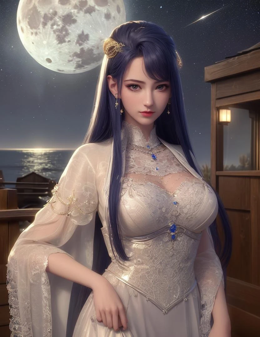 ultra realistic 8k cg, flawless, clean, masterpiece, professional artwork, famous artwork, cinematic lighting, cinematic bloom, perfect face, beautiful face, fantasy, dreamlike, unreal, science fiction, lace, lace trim, lace-trimmed legwear, luxury, jewelry, diamond, gold, pearl, gem, sapphire, ruby, emerald, intricate detail, delicate pattern, charming, alluring, seductive, erotic, enchanting, hair ornament, necklace, earrings, bracelet, armlet,halo,autumn,
((,1girl, pov,best quality, )) , ((((1girl, solo,outdoors, large breasts, full moon ,moonlight, starry sky, milky way, )))) <lora:DA_QiuYueHua:0.6>
