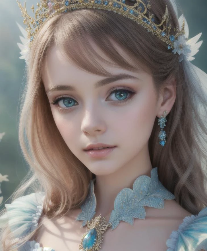 a photography, HD,, photo, woman, beautiful dress ornate, in the style of stefan kostic, realistic, half body shot, sharp focus, 8 k high definition, insanely detailed, intricate, elegant, art by stanley lau and artgerm, extreme blur flames background, Princess girl with wing, Blue, Pastel, glitter, dramatic, dreamy, pastel, Watercolor, Whimsical, Delicate, seashell crown, Trending on Artstation, Highly detailed, Intricate, Portrait, digital painting, Fantasy theme, Fantasy robes, Fantasy concept art, Fantasy character art, Smug, age girl, perfect body, full body, dreamy, pastel, Watercolor, Whimsical, Delicate, seashell crown masterpiece,